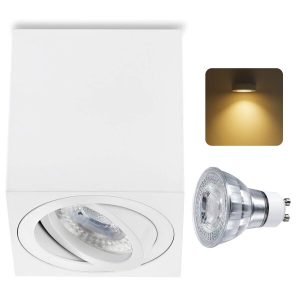 GU10 Aufbaustrahler eckig weiß matt | Aufbauspot 230V 7W warmweiß Aluminium Deckenspot
