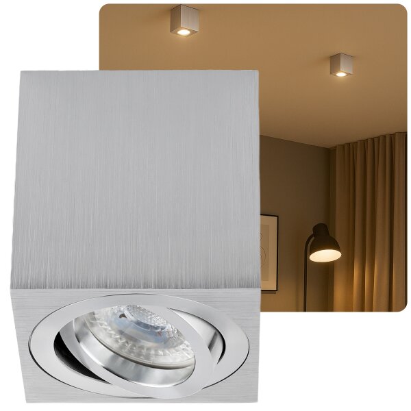 LED Aufbaustrahler GU10 dimmbar schwenkbar Aufbauspot 7W warmweiß | Aluminium Deckenspot eckig