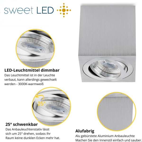 LED Aufbaustrahler GU10 dimmbar schwenkbar Aufbauspot 7W warmweiß | Aluminium Deckenspot eckig