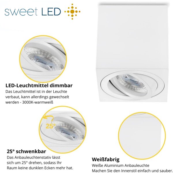 GU10 Aufbaustrahler LED eckig dimmbar schwenkbar | Aufbauspot weiß matt 7W warmweiß Aluminium Deckenspot