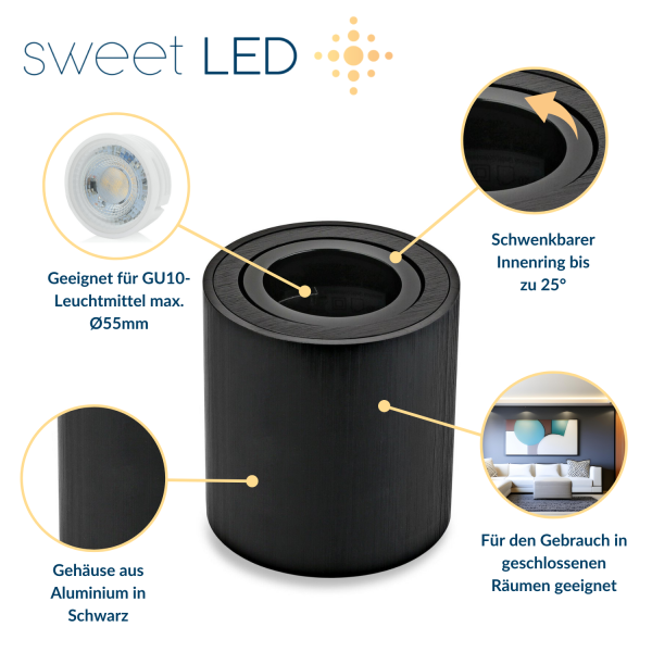 LED Aufbauspot GU10 dimmbar schwenkbar 7W warmweiß | Aufbaustrahler Aluminium schwarz gebürstet