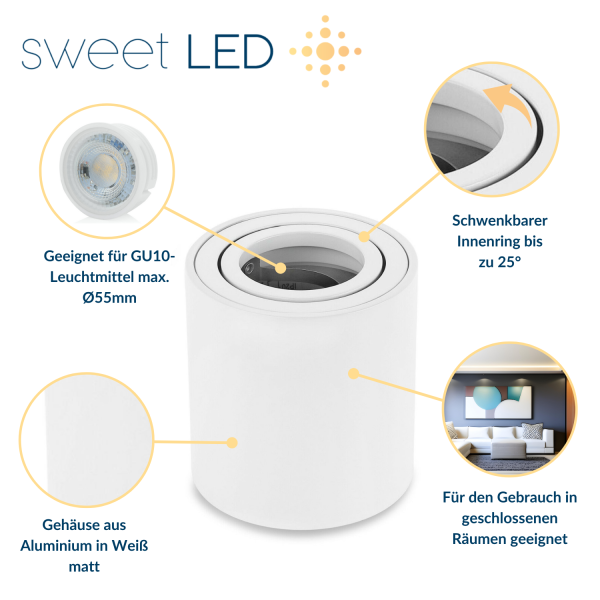 GU10 LED Aufbaustrahler schwenkbar dimmbar 7W warmweiß | Aufbauspots weiß matt aus Aluminium