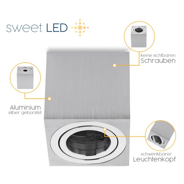 LED Aufbaustrahler GU10 eckig schwenkbar | 230V Aufbauspot 7W warmweiß Aluminium Deckenspot