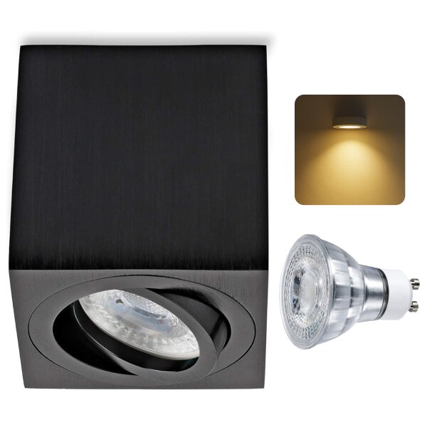 LED Aufbaustrahler 230V eckig schwenkbar schwarz gebürstet | Aufbauspot GU10 7W warmweiß Deckenspot