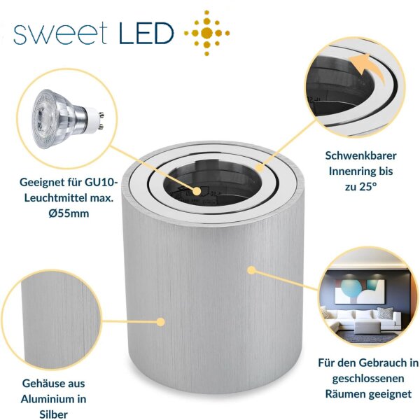 LED Aufbaustrahler GU10 7W warmweiß schwenkbar | 230V Aluminium gebürstet