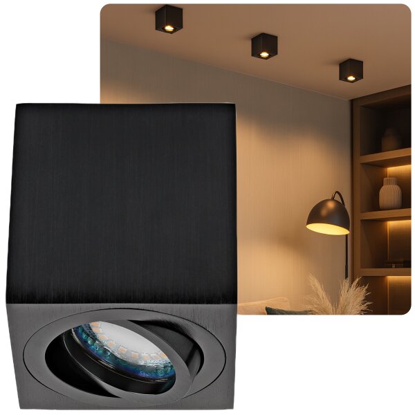 LED Aufbauspots schwenkbar schwarz eckig - Aufbaustrahler GU10 5W warmweiß |Aluminium Deckenspots