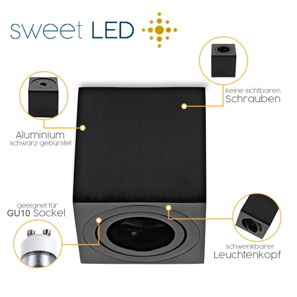 LED Aufbauspots schwenkbar schwarz eckig - Aufbaustrahler GU10 5W warmweiß |Aluminium Deckenspots