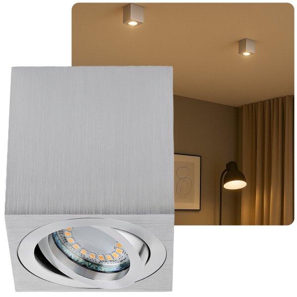 GU10 LED Aufbaustrahler Eckig Innenbereich - Aluminium Warmweiß 5W | Aufbauspot IP20
