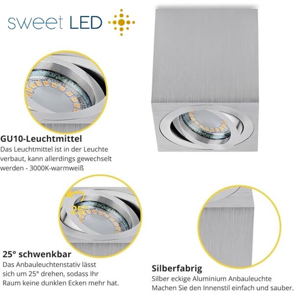 GU10 LED Aufbaustrahler Eckig Innenbereich - Aluminium Warmweiß 5W | Aufbauspot IP20