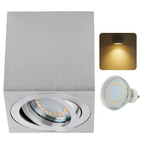 GU10 LED Aufbaustrahler Eckig Innenbereich - Aluminium Warmweiß 5W | Aufbauspot IP20