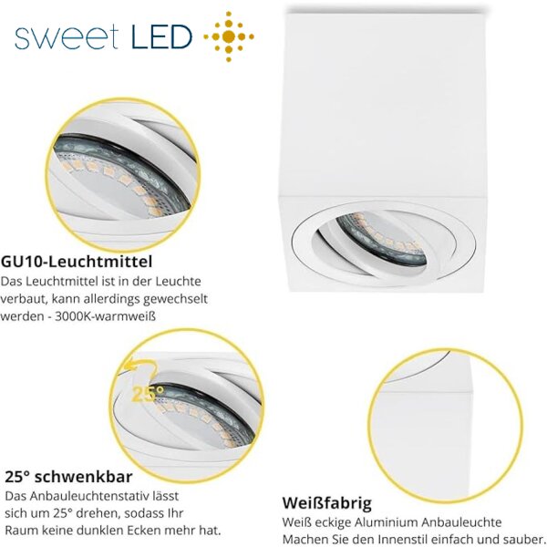 LED Aufbaustrahler weiß eckig - Aufbauspot GU10 5W warmweiß | Aluminium Deckenspots
