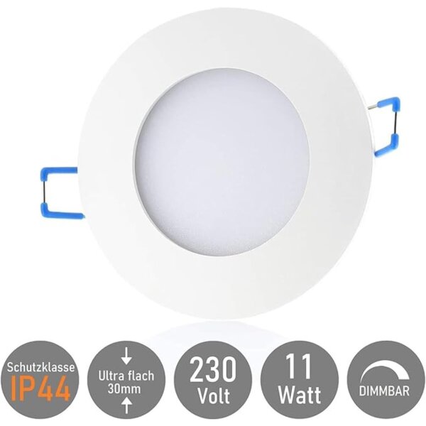 Einbaustrahler Flach Bad LED - Spots 230V Dimmbar Rund Weiß - Led Deckenstrahler IP44 für Bad 11 Watt Kaltweiß 30 mm Einbautiefe