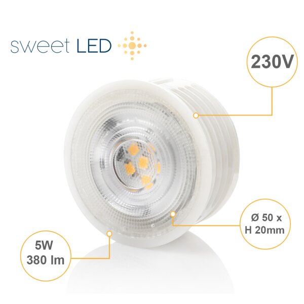 Led Modul dimmbar - 230V 5W, 330Lumen, 6500K Maße Ø50x24mm, Abstrahlwinkel 60°, für Einbau- und Aufbaurahmen, Sparpack ersetzt GU10 Leuchtmittel