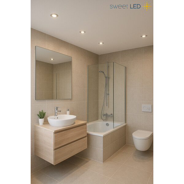 230V Einbaustrahler Bad Flach LED - Spots Dimmbar Rund Chromfarbig Gebürstet - Led Leuchtmittel IP44 6.5 Watt Warmweiß 30mm Einbautiefe