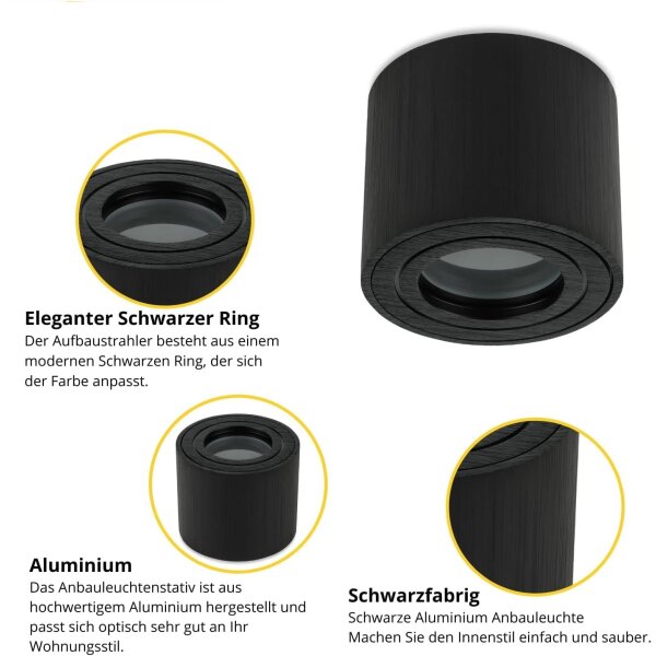 LED Aufbaustrahler Bad IP44 - LED Decke Aufbauspot flach 230V schwarz aluminium gebürstet - Deckenleuchte Bad  65 mm Höhe