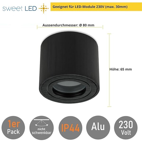 LED Badezimmer Aufbauspot IP44 Rund | Schwarz Gebürstet Aluminium | 230V Deckenstrahler Aufputz flach Ø 80mm