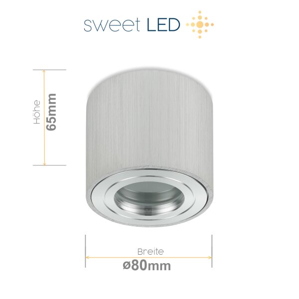 IP44 Aufbaustrahler LED Bad - Led Spots Decke flach 65 mm Höhe - Deckenspots aus Aluminium gebürstet rund - 230V Aufbauspot 80 mm Abmessung