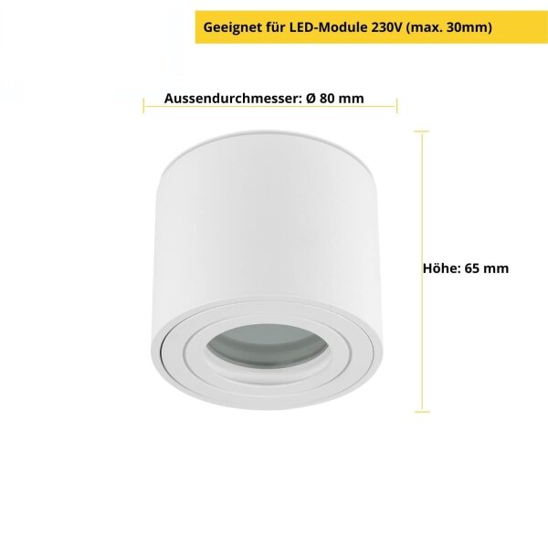 LED Aufbaustrahler flach 65 mm Höhe - Deckenspot für Badezimmer IP44 - Led Spots Bad weiß matt Aluminium - Aufbauspot 230V 80 mm Abmessung