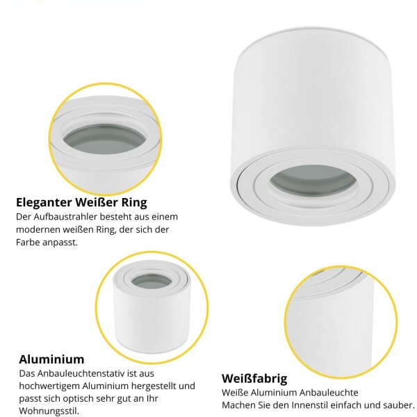 LED Aufbaustrahler flach 65 mm Höhe - Deckenspot für Badezimmer IP44 - Led Spots Bad weiß matt Aluminium - Aufbauspot 230V 80 mm Abmessung