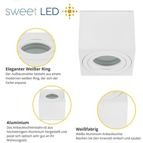 Eckig LED Aufbaustrahler IP44 Bad | Aufbauspots Weiß Matt Aluminium | 230V Aufputz Deckenspot 80x80mm