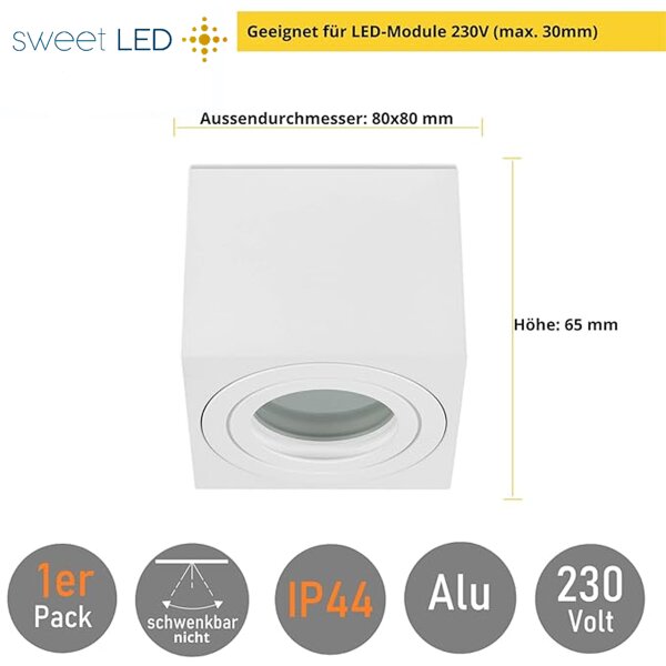 Eckig LED Aufbaustrahler IP44 Bad | Aufbauspots Weiß Matt Aluminium | 230V Aufputz Deckenspot 80x80mm