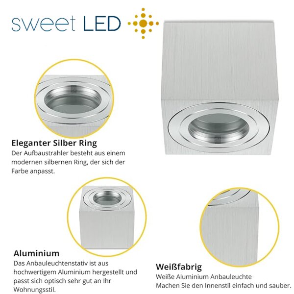 LED Aufputz Deckenspot IP44 eckig | 230V Bad Deckenstrahler | Aluminium Alu Gebürstet Quadratisch 80x80mm