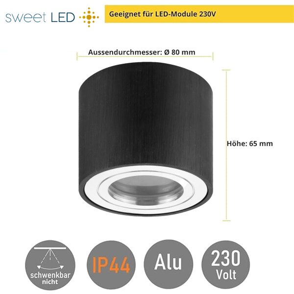 LED Aufbaustrahler IP44 Bad Rund | Schwarz Gebürstet Aluminium | 230V Deckenstrahler Aufputz Ø 80mm