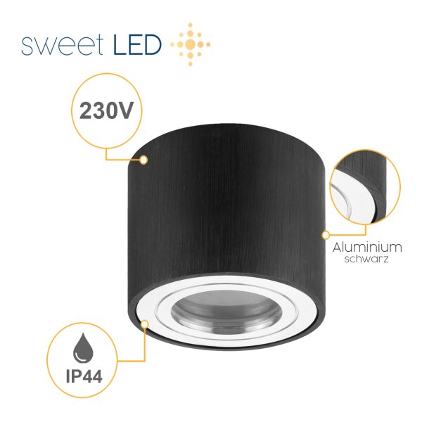 LED Aufbaustrahler IP44 Bad Rund | Schwarz Gebürstet Aluminium | 230V Deckenstrahler Aufputz Ø 80mm
