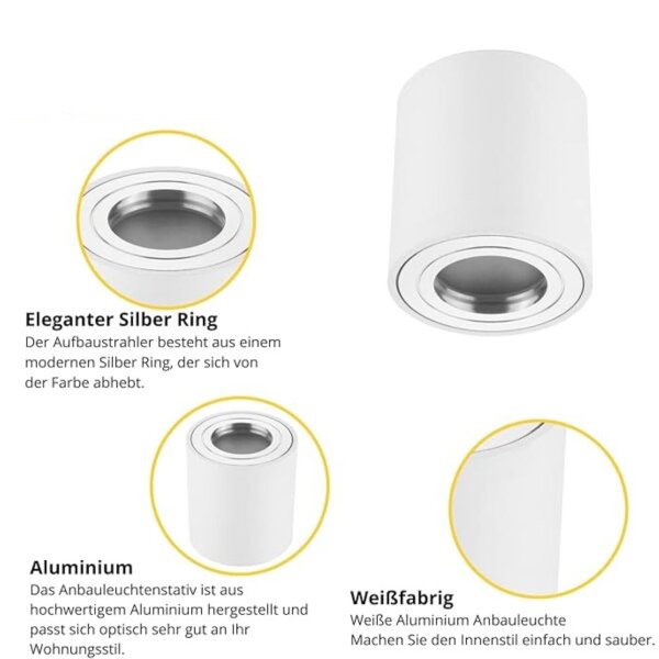 LED IP44 Aufbaustrahler - Badezimmer Deckenspots flach 65 mm Höhe - 230 Volt Aufbauspot Aluminium weiß matt - LED Deckenleuchte 80 mm Abmessung