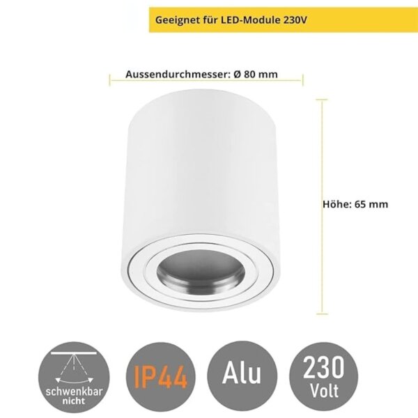 LED IP44 Aufbaustrahler - Badezimmer Deckenspots flach 65 mm Höhe - 230 Volt Aufbauspot Aluminium weiß matt - LED Deckenleuchte 80 mm Abmessung