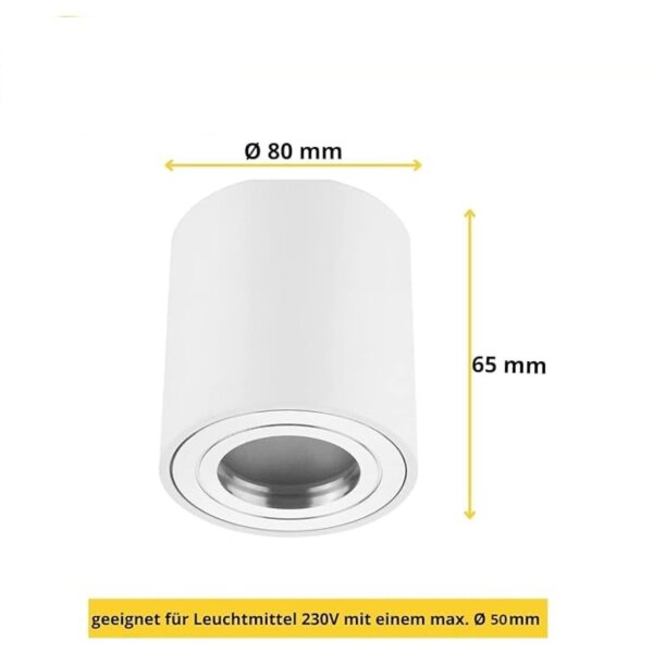 LED IP44 Aufbaustrahler - Badezimmer Deckenspots flach 65 mm Höhe - 230 Volt Aufbauspot Aluminium weiß matt - LED Deckenleuchte 80 mm Abmessung