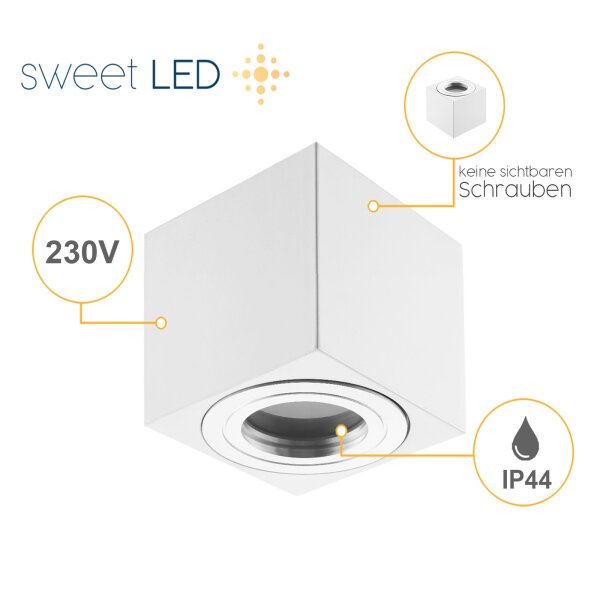 230 Volt Aufbaustrahler flach - Deckenspots Badezimmer IP44 - Spots Decke Led eckig weiß matt Aluminium - Led Aufbauspot 65 mm Höhe