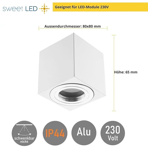 LED Aufbaustrahler IP44 Bad Eckig Weiß Matt | 230V Deckenleuchte Aluminium | Aufputz Deckenstrahler 80x80mm