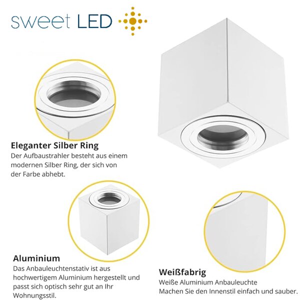 LED Aufbaustrahler IP44 Bad Eckig Weiß Matt | 230V Deckenleuchte Aluminium | Aufputz Deckenstrahler 80x80mm