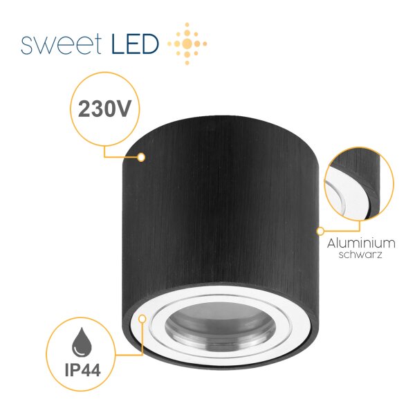 GU10 LED Aufbaustrahler IP44 Rund | Schwarz Gebürstet | 230V Bad Deckenspot Aufputz Ø 80mm | Höhe 95mm