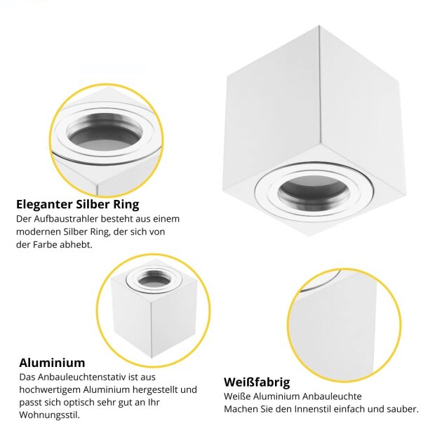 GU10 Deckenstrahler LED - Badezimmer Deckenspots IP44 - 230V Aufbaustrahler eckig Aluminium weiß matt - LED Deckenleuchte flach 95 mm Höhe