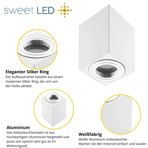 GU10 Eckig LED Aufbaustrahler IP44 | Weiß Matt & Chromring | 230V Bad Deckenspot Aufputz 80x80mm | Höhe 95mm