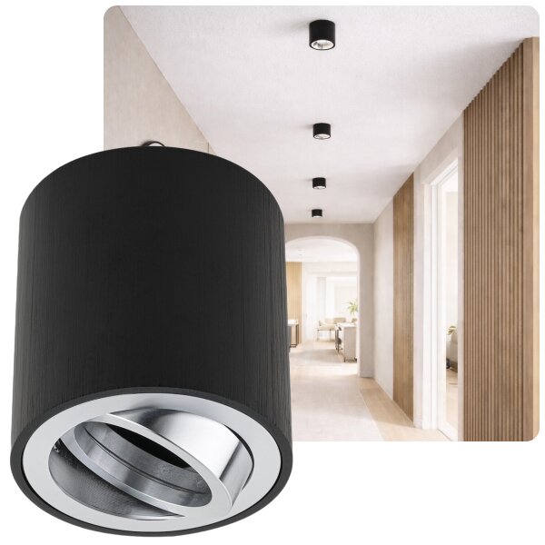 LED Aufbauspot GU10 Schwenkbar Schwarz Gebürstet mit Chromring | 230V Deckenspots Alu