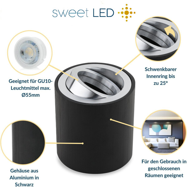 LED Aufbauspot GU10 Schwenkbar Schwarz Gebürstet mit Chromring | 230V Deckenspots Alu